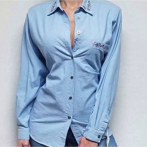 VINTAGE 1990s Deadstock New Look Chambray Button Up Floral Embroidered Blouse - Picture 2 of 14